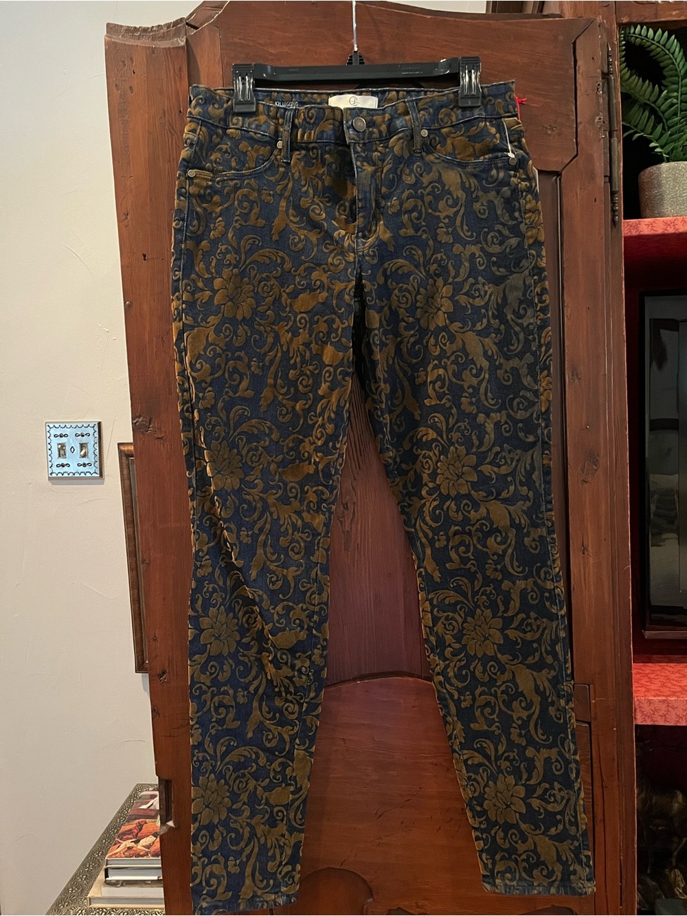 Ing Navy and Gold Floral-Pattern Skinny Jeans velvet on top of denim